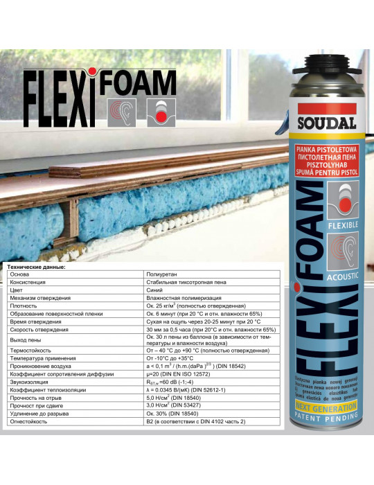 Kaina - Montažinės putos elastinės, akustinės, poliuretano pagrindu| SOUDAL FLEXIFOAM GUN 750ml